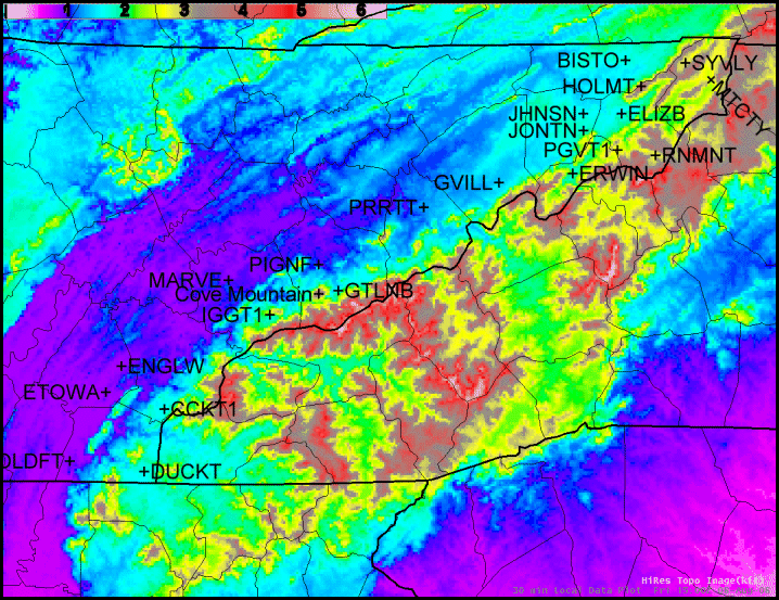 Relief map of the southern Appalachian region with the locations of observation sites in the foothills of east Tennessee