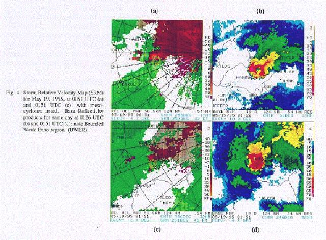 Base reflectivity and storm relative velocity map images on May 19, 1995 at 0051 and 0151 UTC.