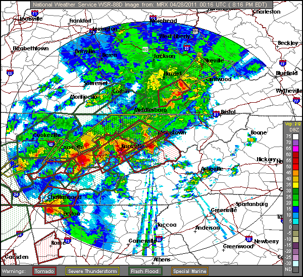 KMRX radar loop from 2 PM EDT until 8 PM EDT of the supercells across east Tennessee on the afternoon of April 27, 2011