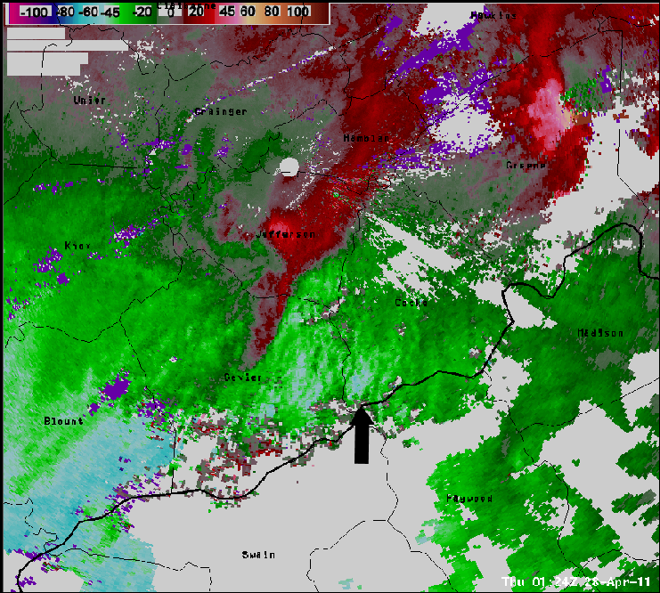 KMRX velocity image on 28 April 2011 at 0124 UTC