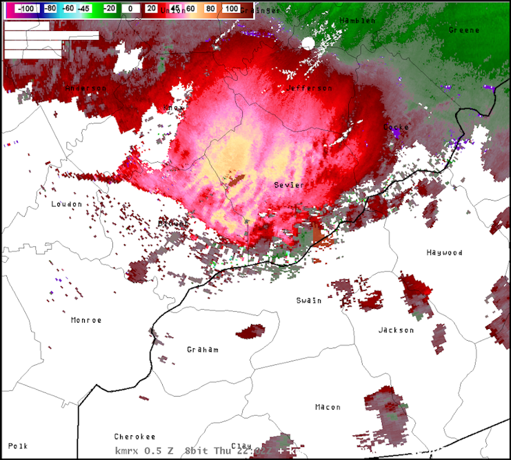 KMRX velocity image on 5 July 2012 at 2202 UTC