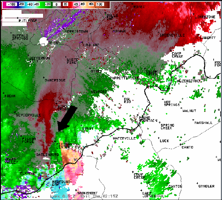 KMRX velocity image on 28 April 2011 at 0215 UTC