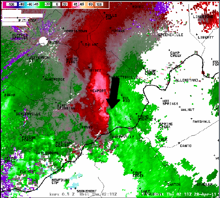 KMRX velocity image on 28 April 2011 at 0233 UTC