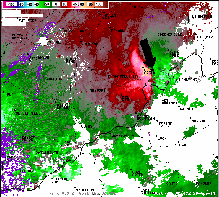 KMRX velocity image on 28 April 2011 at 0247 UTC