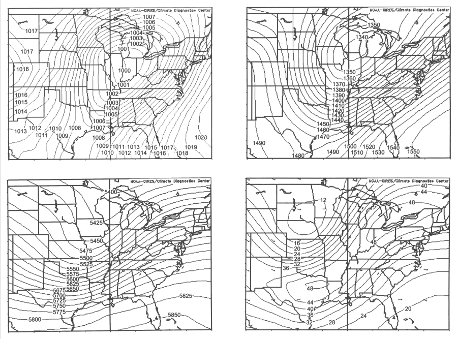 Composite maps from significant tornado outbreak events across the southern Appalachian region of surface isobars, 850 hPa isoheights, 500 hPa isoheights, and 250 hPa isotachs.