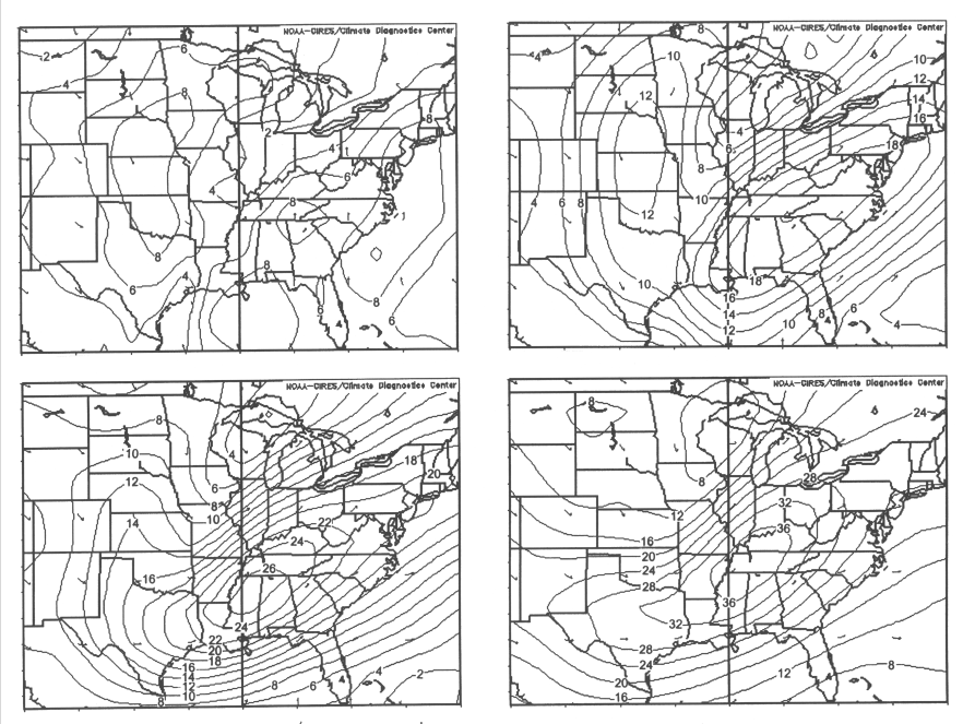 Composite maps from significant tornado outbreak events across the southern Appalachian region of surface, 850 hPa, 700 hPa, and 500 hPa wind speeds.
