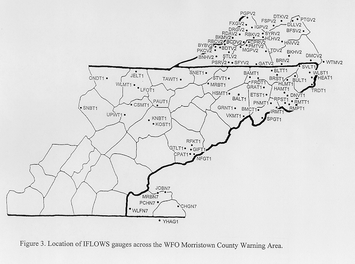 Location of IFLOWS gauges across the WFO Morristown County Warning Area.
