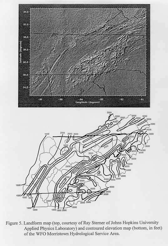 Landform map and contoured elevation map of the WFO Morristown Hydrological Service Area.