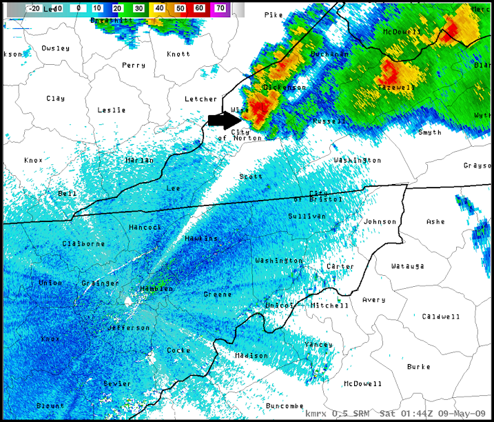 KMRX radar reflectivity imagery on 9 May 2009 at 0144 UTC