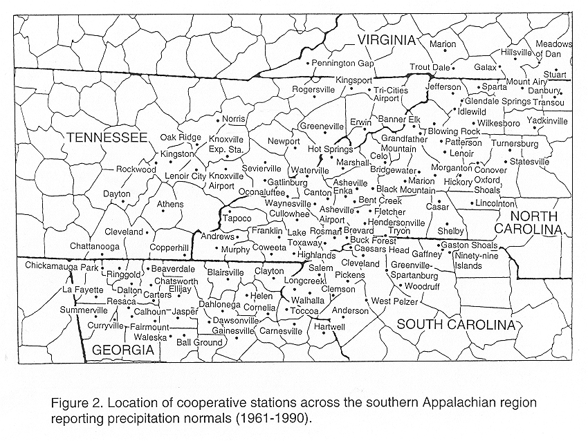Location of cooperative stations across the southern Appalachian region reporting precipitation normals.