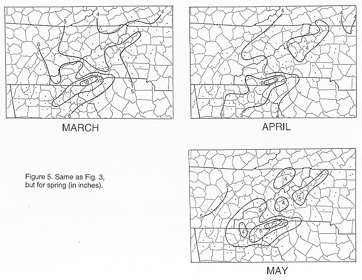 Spatial distribution of spring 'normal' rainfall across the southern Appalachian region.