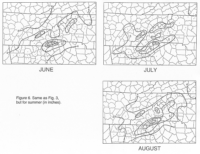 Spatial distribution of summer 'normal' rainfall across the southern Appalachian region.