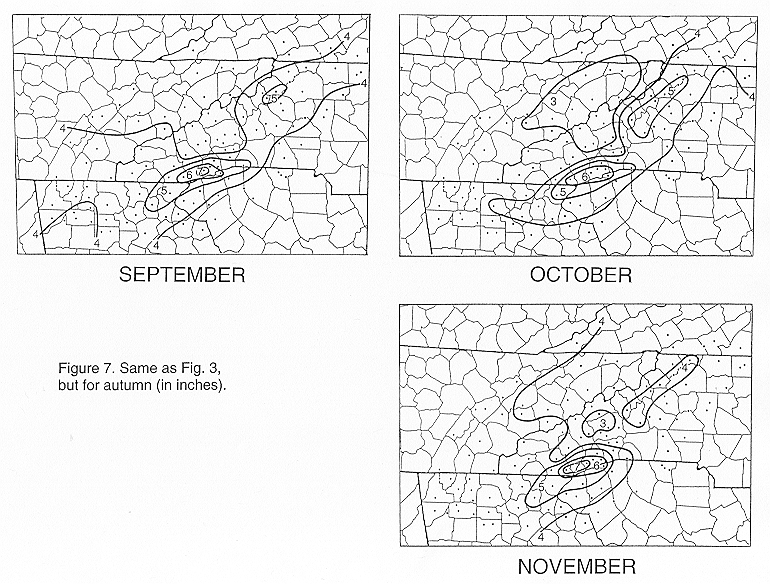 Spatial distribution of autumn 'normal' rainfall across the southern Appalachian region.