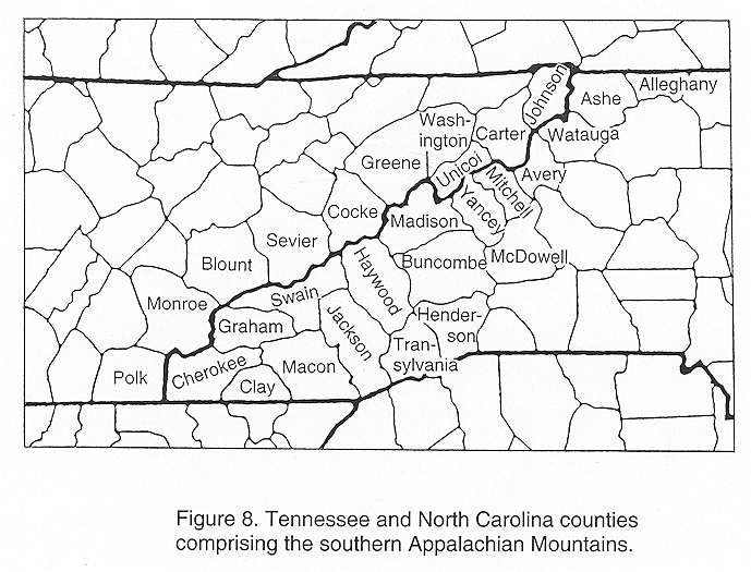 Tennessee and North Carolina counties comprising the southern Appalachian Mountains.