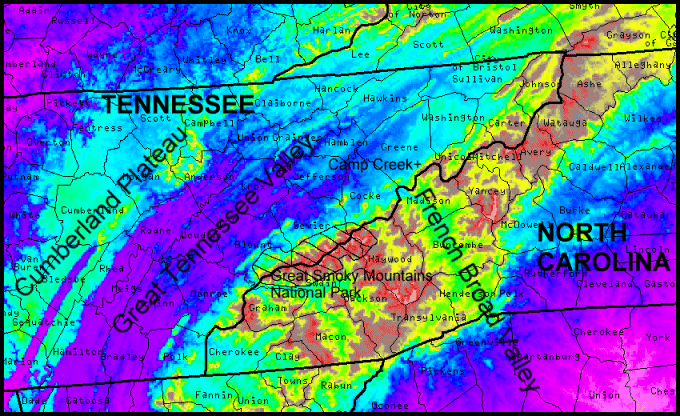 Relief and county map of the southern Appalachian region