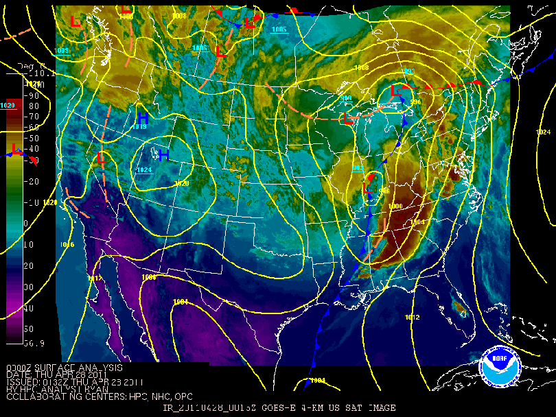 Isobar/frontal analysis and infrared satellite imagery on 28 April 2011 at 0000 UTC