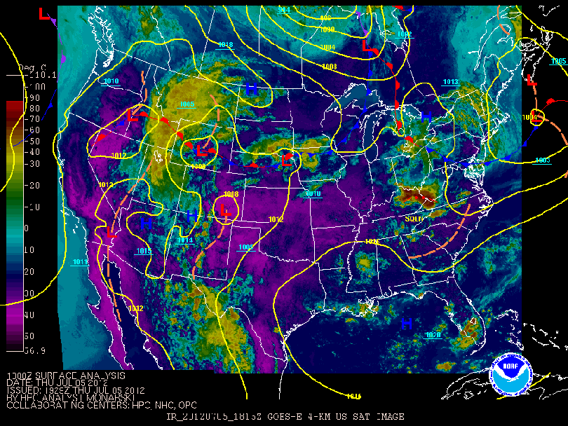 Isobar/frontal analysis and infrared satellite imagery on 5 July 2012 at 1800 UTC