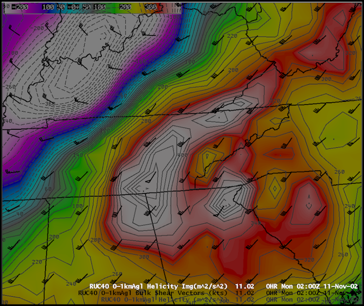 RUC40 helicity and bulk shear vectors between 0 and 1 km AGL on 11 November 2002 at 02 UTC