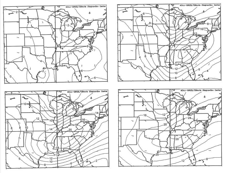 Composite maps from significant tornado events across the southern Appalachian region of surface, 850-, 700-, and 500-hPa wind speeds.