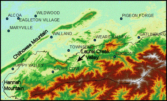 Locations of geographical features on the Tennessee side of the Great Smoky Mountains National Park