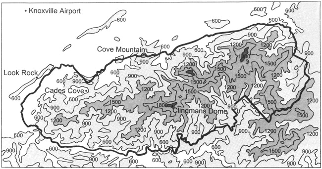 Smoothed elevation map of the Great Smoky Mountains National Park with the locations of five wind observation sites