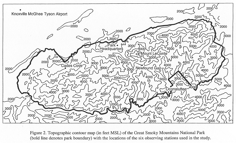 Topographic contour map of the Great Smoky Mountains National Park with the locations of the six observing stations used in the study.