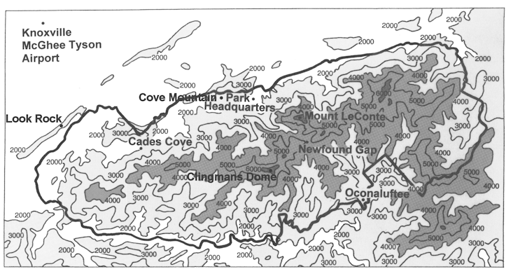 Contoured elevation map of the Great Smoky Mountains National Park and surrounding areas with the locations of the observations sites in or near the park