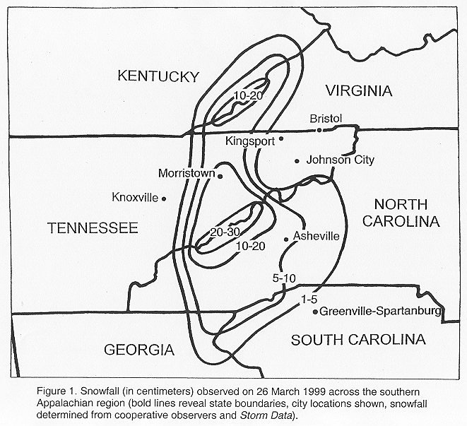 Snowfall observed on 26 March 1999 across the southern Appalachian region.
