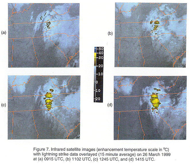 Infrared satellite images with lightning strike data overlayed on 26 March 1999 at 0915 UTC, 1102 UTC, 1245 UTC, and 1415 UTC.