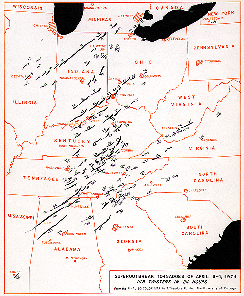 Tracks of the Super Outbreak tornadoes on 3-4 April 1974