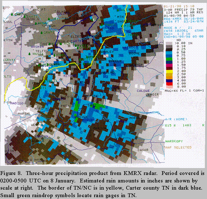 Three-hour precipitation product from KMRX radar between 02 and 05 UTC on 8 January 1998.