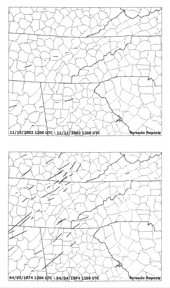 Tracks of significant tornadoes on 10-11 November 2002 and 3-4 April 1974.