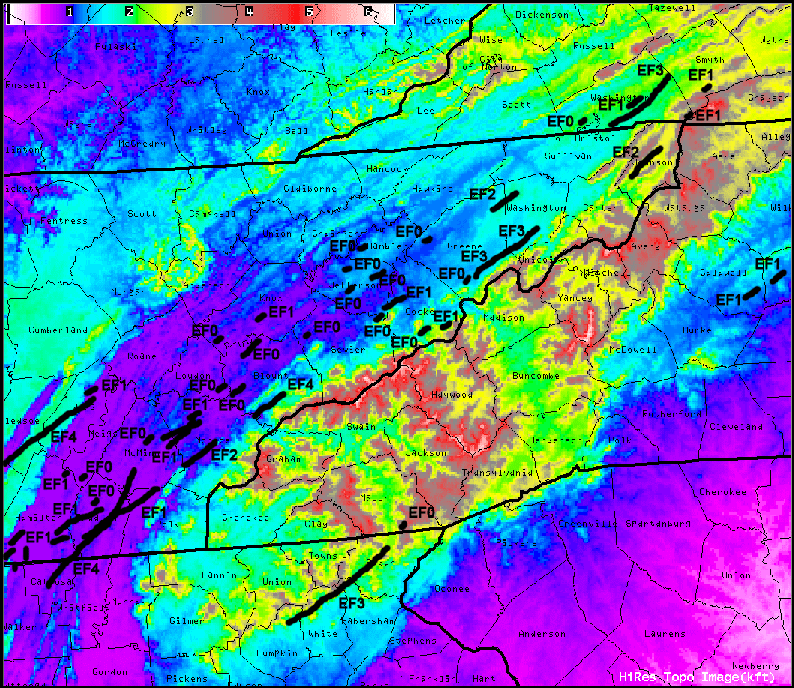 Tornado tracks and intensities across the southern Appalachian region during the Super Tornado Outbreak