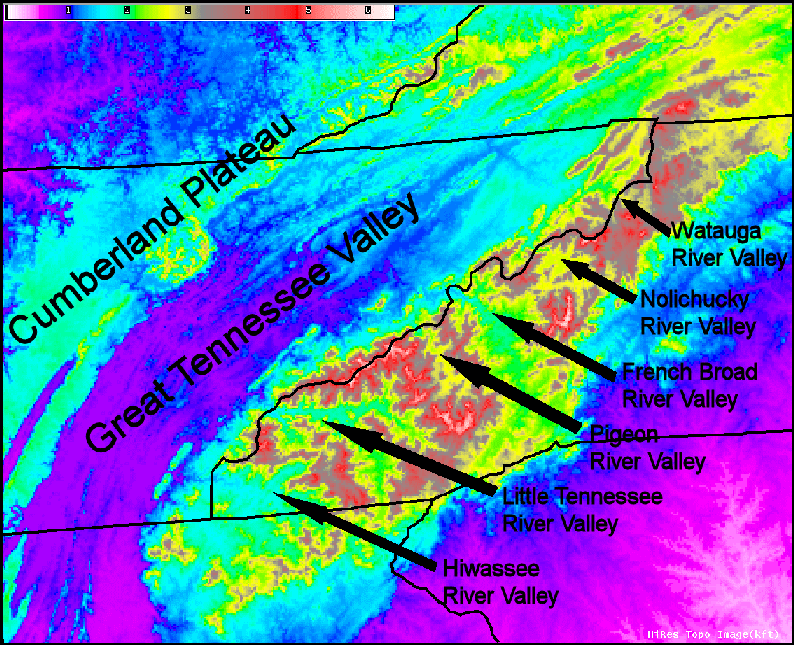 Topographical features of the southern Appalachian region, along with the names of the numerous southeast-to-northwest oriented river valleys within the southern Appalachian mountains