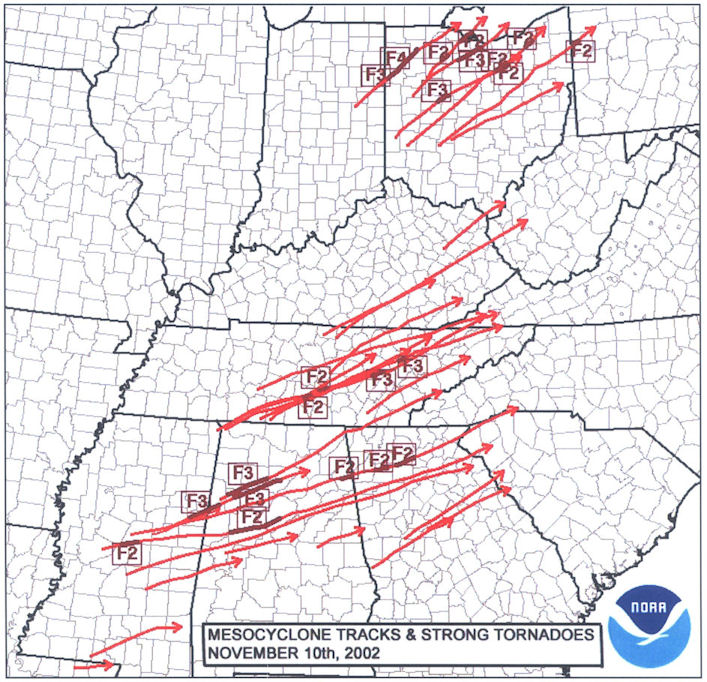 Tracks of mesocyclones (red) and F2 or stronger tornadoes (maroon) on 10-11 November 2002
