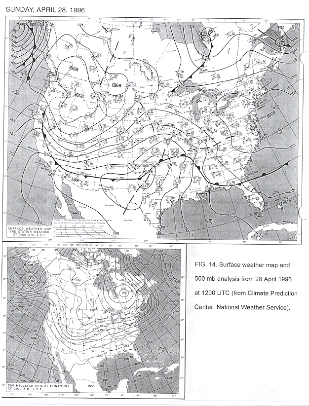 Surface weather map and 500 mb analysis from 28 April 1996 at 1200 UTC.