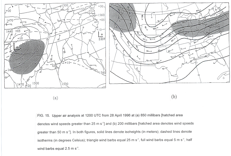 Upper-air analysis at 1200 UTC from 28 April 1996 at 850 millibars and 200 millibars.