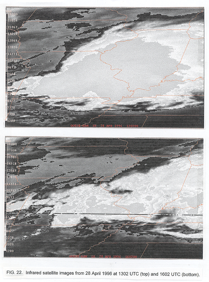 Infrared satellite images from 28 April 1996 at 1302 UTC and 1602 UTC.
