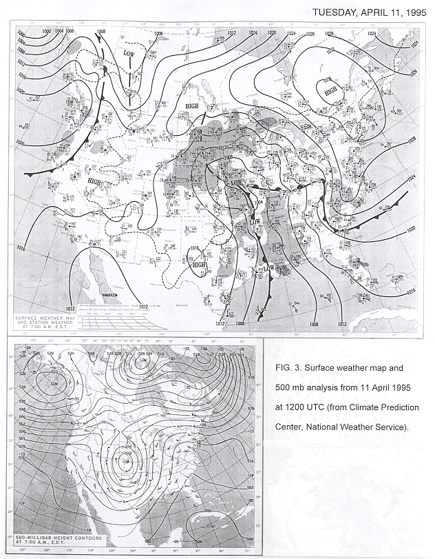 Surface weather map and 500 mb analysis from 11 April 1995 at 1200 UTC.