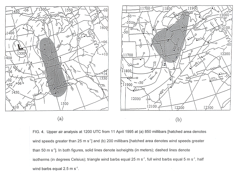 Upper-air analysis at 1200 UTC from 11 April 1995 at 850 millibars and 200 millibars.