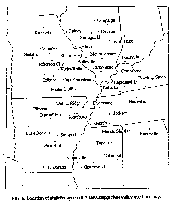 Location of stations across the Mississippi river valley used in study.