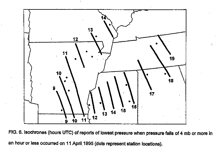 Isochrones of reports of lowest pressure when pressure falls of 4 mb or more in an hour or less occurred on 11 April 1995.
