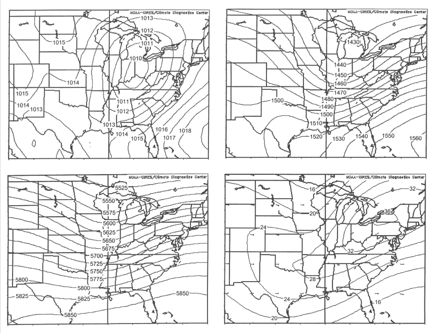 Composite maps from weak tornado events across the southern Appalachian region of surface isobars, 850 hPa isoheights, 500 hPa isoheights, and 250 hPa isotachs.