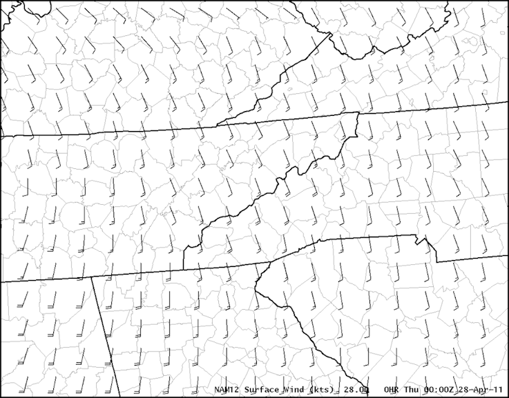 Surface winds from the NAM12 model at 0000 UTC on 28 April 2011