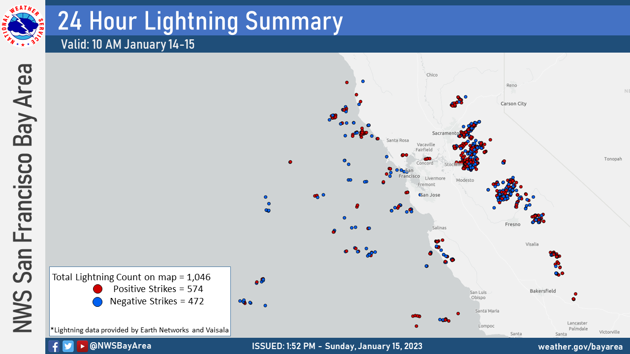 24 hour lightning summary map showing total strikes ending January 15 at 10 AM
