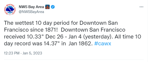 Tweet showing San Francisco wettest 10 day period since 1871.