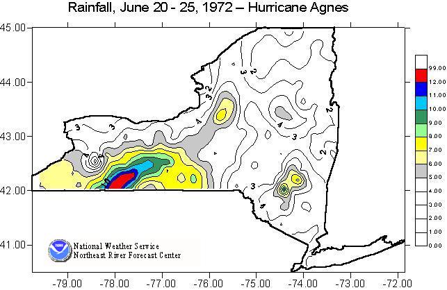 Image of total rainfall amounts across New York produced by Hurricane Agnes from June 20-25, 1972.
