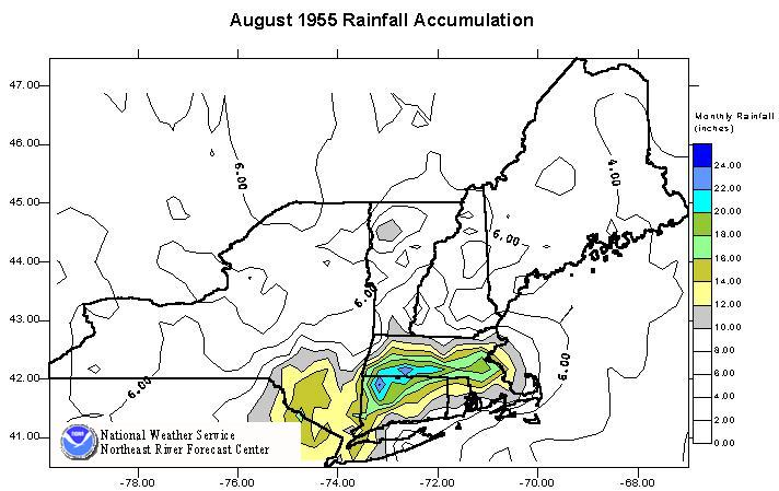 Image of rainfall totals across the Northeast U.S. for August 1955.