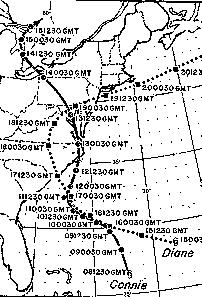 Image of the paths Hurricanes Connie and Diane took across the Eastern U.S. Coast in 1955.
