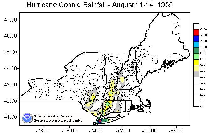Image of the total rainfall produced across the Northeast U.S. by Hurricane Connie from August 11-14, 1955.